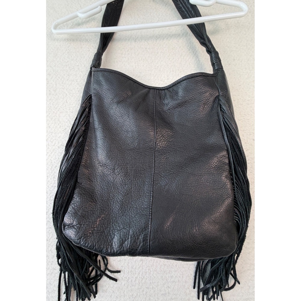 Margot Black Pebbled Genuine Leather Fringe Hobo Shoulder Bag Whipstitch Detail - Picture 4 of 6